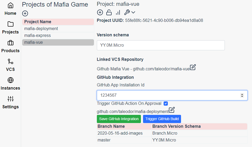 Setting GitHub Actions Integration for the mafia-vue project in Reliza Hub