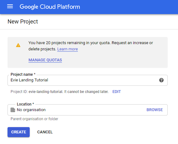 Create New Project Form on Google Cloud Platform