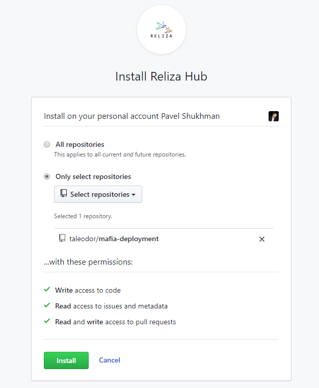 Install Reliza Hub on GitHub - Select Repositories