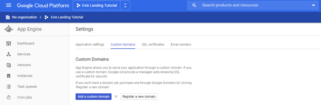 Google App Engine - Custom Domains Menu