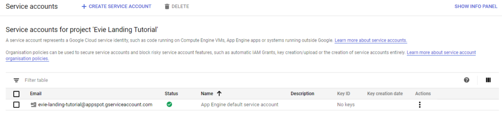 Google App Engine - Menu Listing Service Accounts