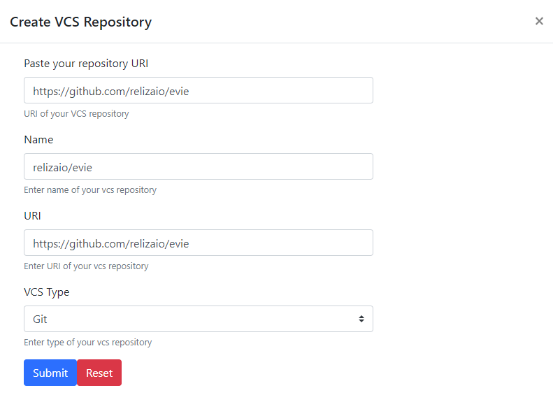 Create VCS Repository Modal in Reliza Hub