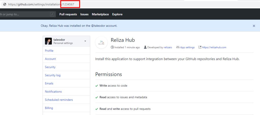 Reliza Hub App Installation Page on GitHub