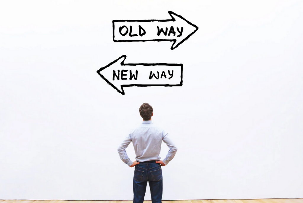 Image of man choosing between Old Way (legacy SBOM tools) and new Way (TEA Way for SBOM tools).